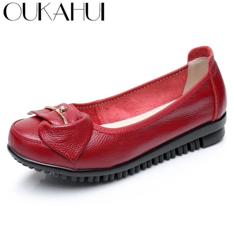 

OUKAHUI 35-42 Women Genuine Leather Shoes Breathable Comfortable Spring/Autumn Metal Decoration Crystal Soft Women Ballet Flats