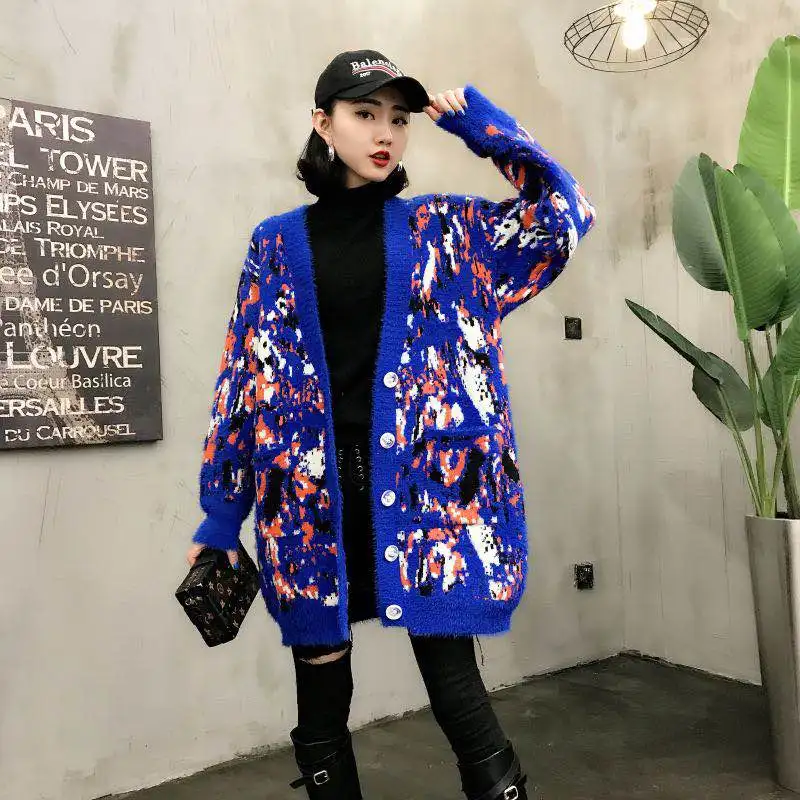 Woman Fashion Imiteted Mink Charming Sweaters Womens Pocket Single-breasted Vintage Knitted Coats Female Autumn Winter |