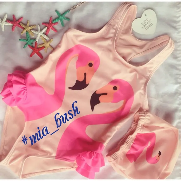 2017 New Girls Bikinis One Piece Swimsuits Baby Swimwear Children Bathing Suit Kids Monokini Swan Flamingos Cartoon Summer Top