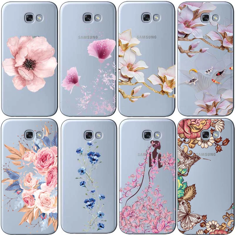 

For samsung s8 s9 S7 j3 j5 j7 A5 2017 Floral Flowers Rose Cherry Blossom Pattern Cute Soft Transparent Silicon Cover Coque Shell