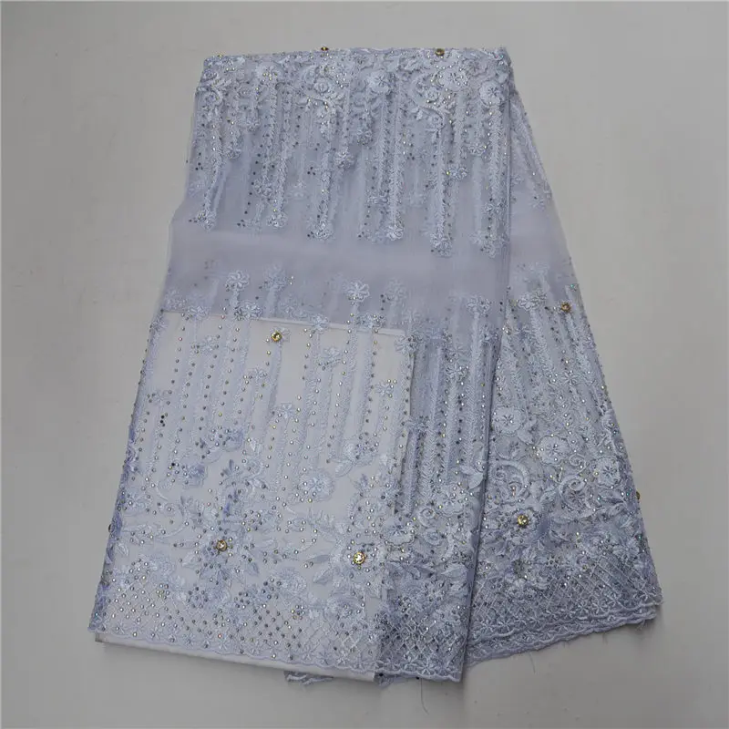 

New design white color beads french mesh lace fabric with stones tulle net lace farbic on sale