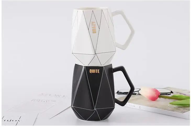 TECHOME Creative Ceramic Coffee Mug Black and White Polygon Geometric Mug Office Couple Private Mug Cup Gift for Friend Family