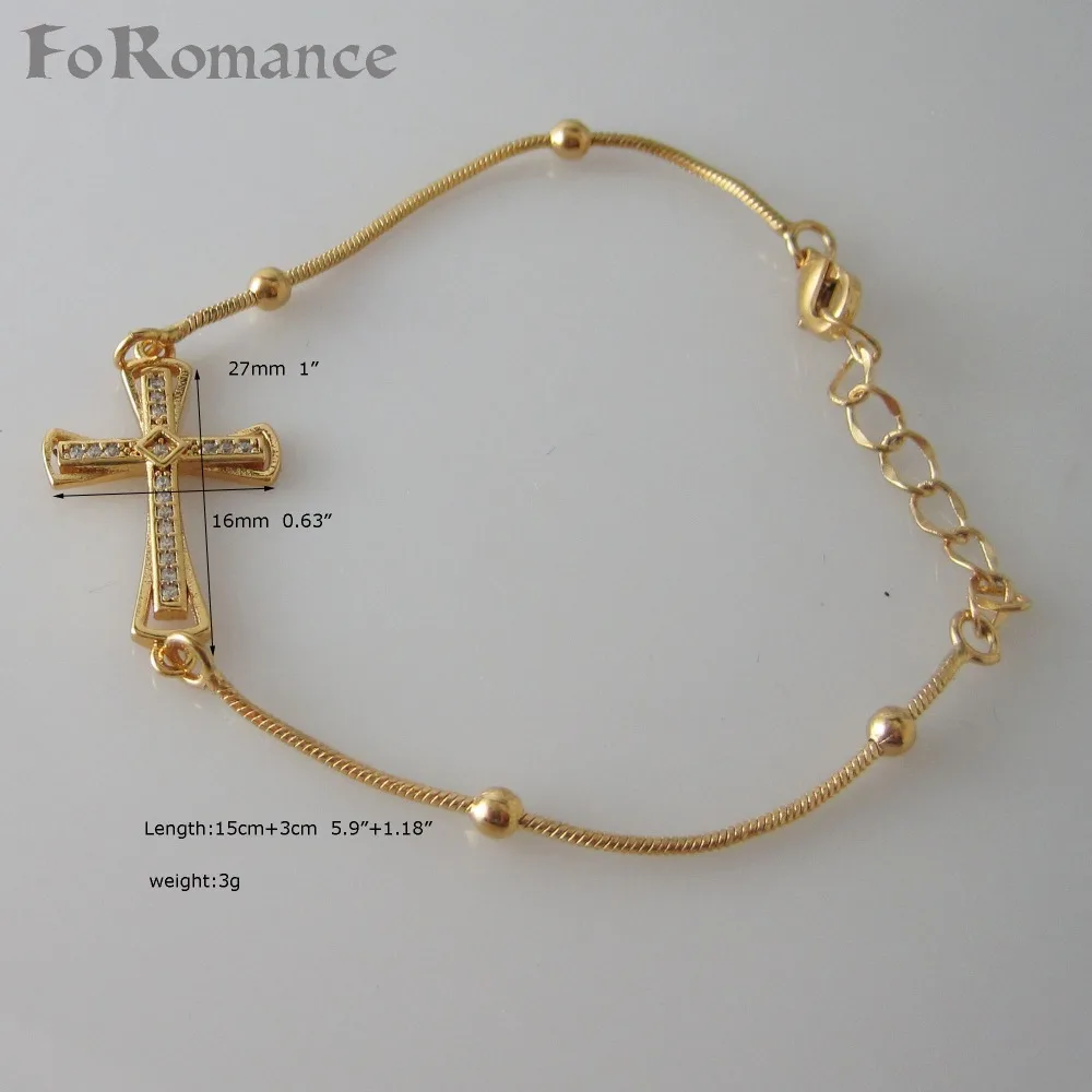 

Min Order 10$ CAN MIX DESIGN/ LADY 5.9+1.2" - GOLD GP COLOR JESUS CROSS GOD SYMBOL WITH STONES INSERTED LINK BRACELET