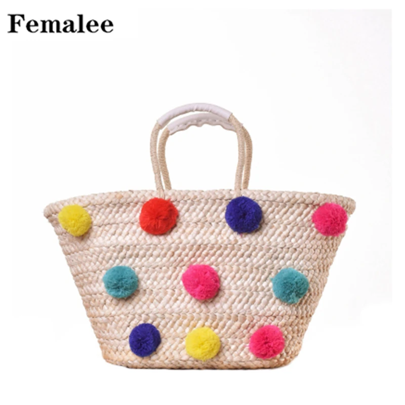 

FEMALEE Korean Style Large Capacity Rainbow Color ball shoulder bag Pompom straw bags beach bags Resort Totes Travel Handbags