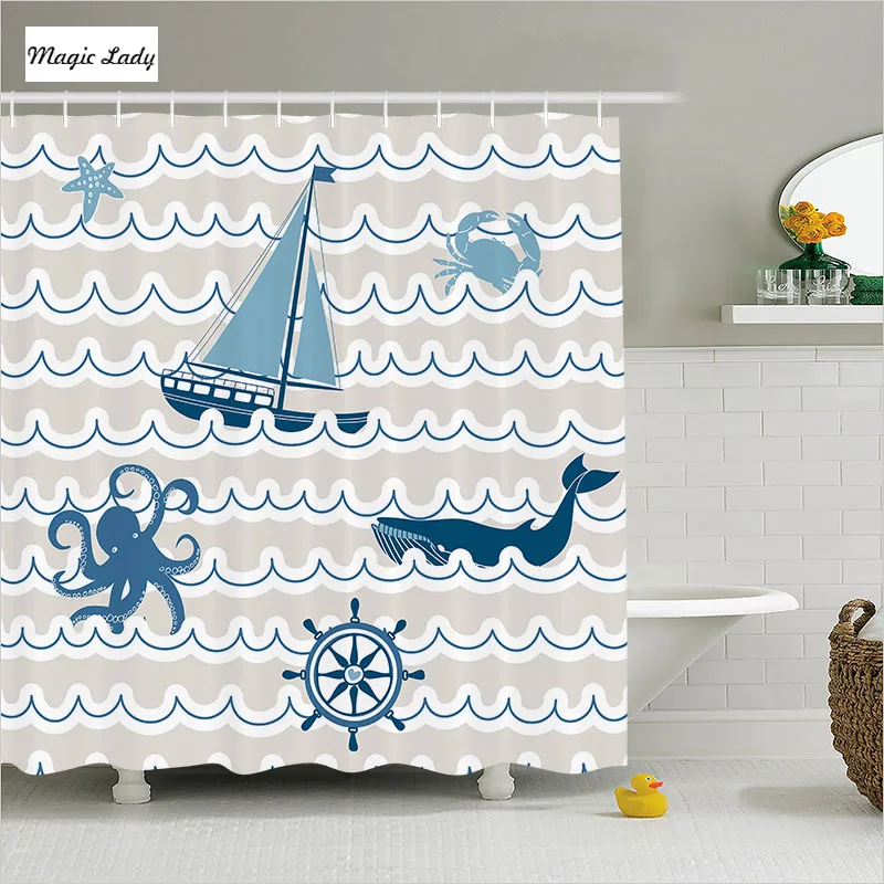 Shower Curtain Bathroom Accessories Wave Navy Nautical Octopus Crab
