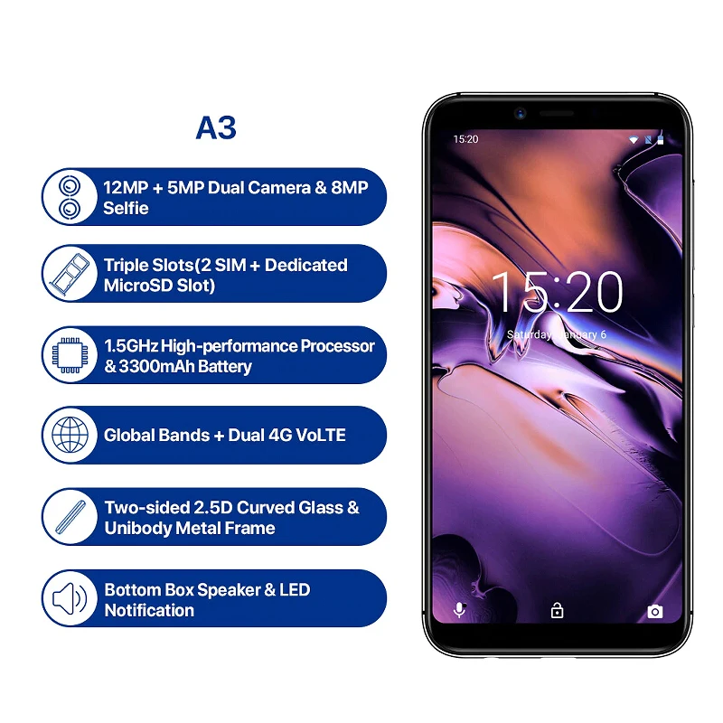  UMIDIGI A3 Smartphone Global Dual 4G Sim 5.5 Inch 18:9 Full Screen Mobile Phone Android 8.1 2+16G F - 32960778622