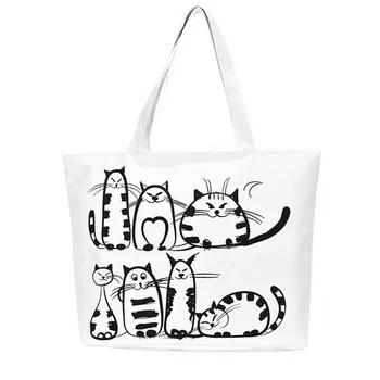 

Women Canvas casual Handbag cartoon Cat Printed Shoulder bag Female Large Capacity Women Canvas Tote Shopping Handbags