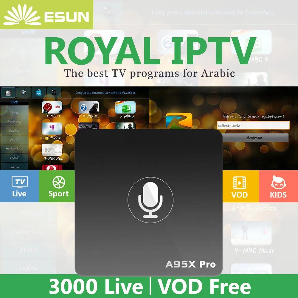 

A95X Pro Voice Control Android7.1 IPTV BOX With 1 Year RoyalTV Configured Arabic Europe IPTV set top box