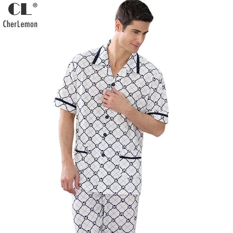 

CherLemon Mens Summer Lounge Pyjamas Sets Casual Male Bamboo Fiber Nightwear 2 Pieces White Rhombus Squares Pajamas Sleepwear