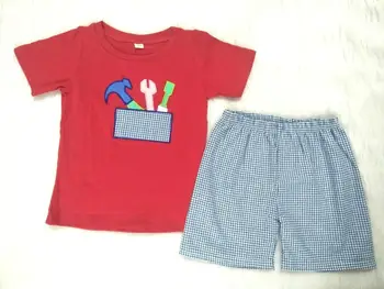 

2019 fashion embroidery tools outfits baby boys red O neck t shirt+plaid elastic shorts 2 pcs sets children kids clothing gxj