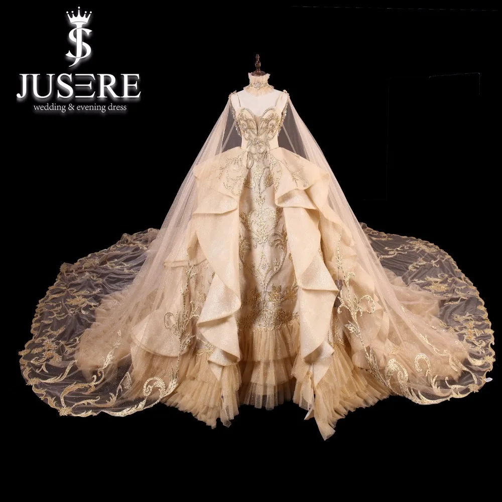 

JUSERE Luxurious Gold Wedding Dress Strapless Backless Cathedral/Royal Train Bridal Ball Gowns Princess Dresses Vestido de noiva