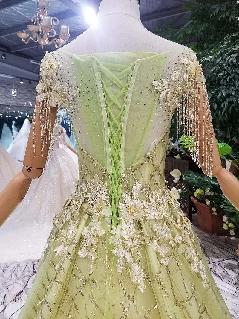 LS014210 вечернее платье longue 2018 линия на шнуровке сзади с круглым вырезом длина до пола органзы Зеленый Блестящий Бисероплетение вечернее