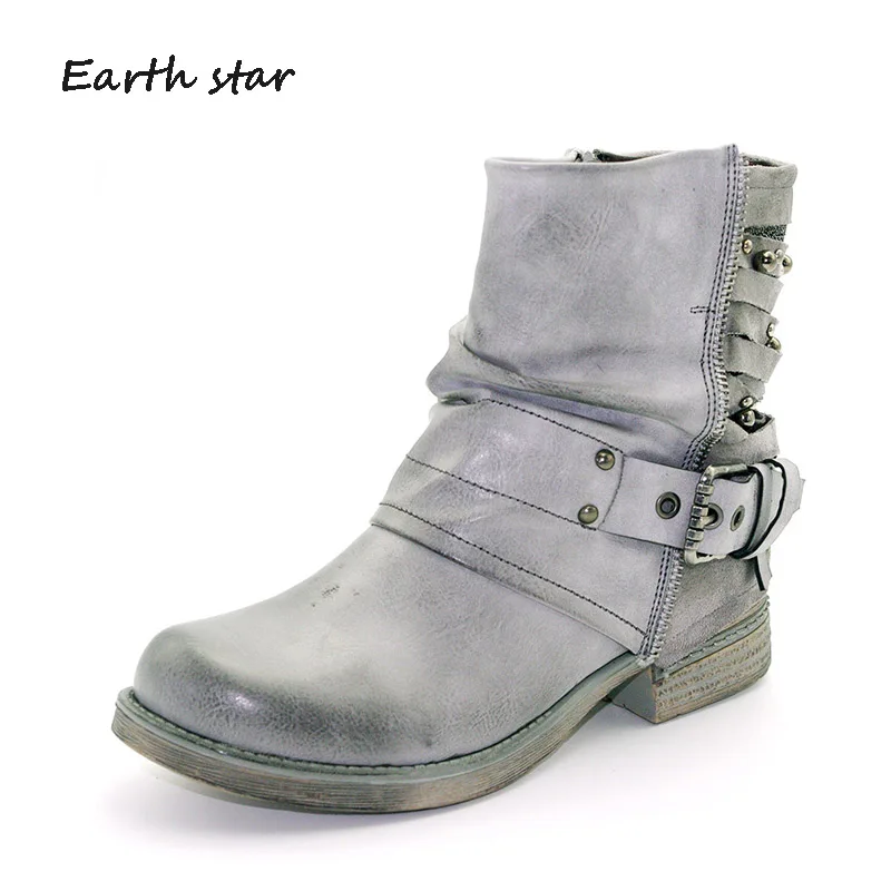 Dame La Étoile De Noir Femmes Bottes gris Rétro Terre Chaussures marron 2018 Marque Automne Martin Cheville Creux Rivets Boucle Femelle Mode trshCQd