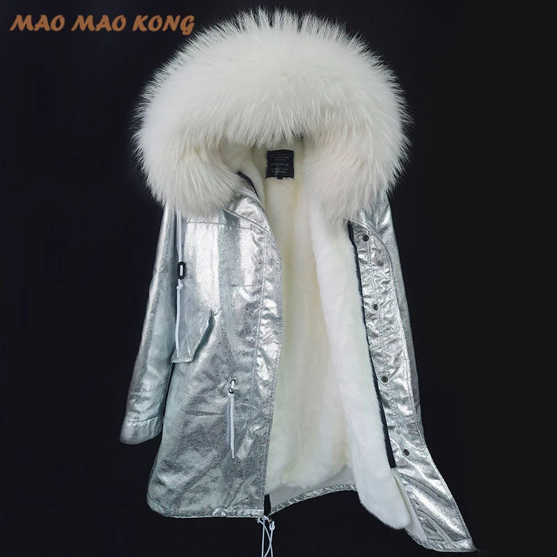 

2019new fashion jacket silver coat women parka hooded big real raccoon collar natural silver fur coat amazing quality hot sell