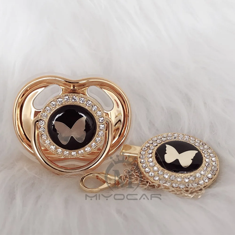 

MIYOCAR Gold silver lovely gold butterfly beautiful Gold bling pacifier and pacifier clip BPA free dummy bling unique design GBF