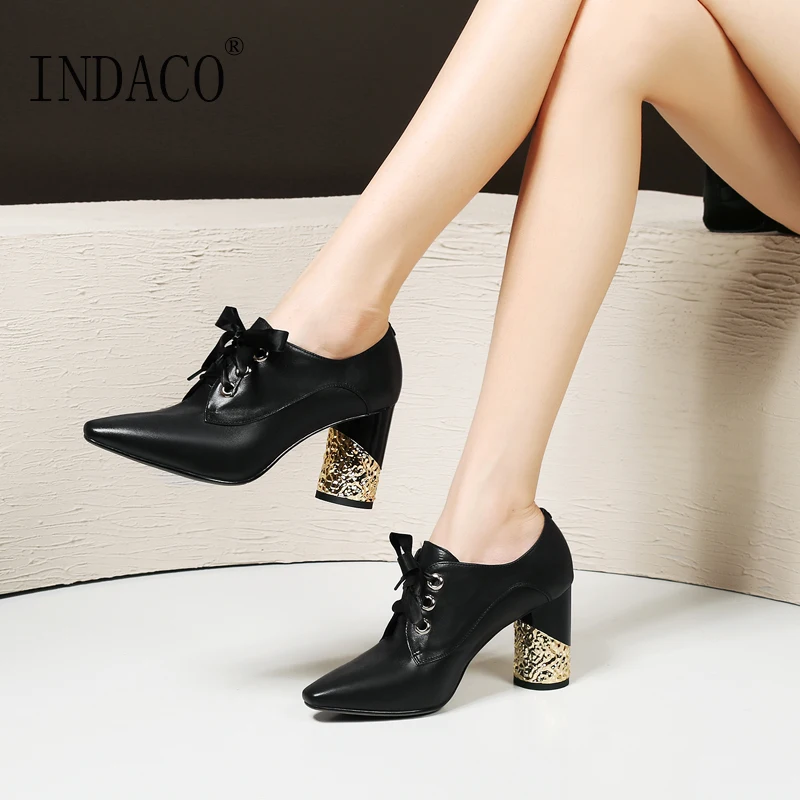 

Leather Ankle Boots for Women Lace Up Pointed Toe High Heel Shoes 8cm Botas Mujer