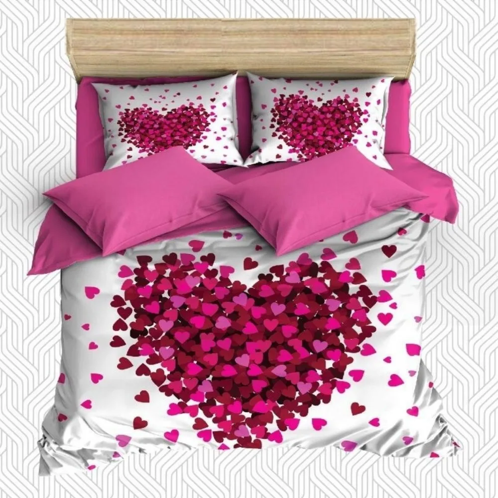 ^*Best Offers Else 6 Piece Pink Hearts on White Floor Love Theme 3D Print Cotton Satin Double Duvet Cover Bedding Set Pillow Case Bed Sheet