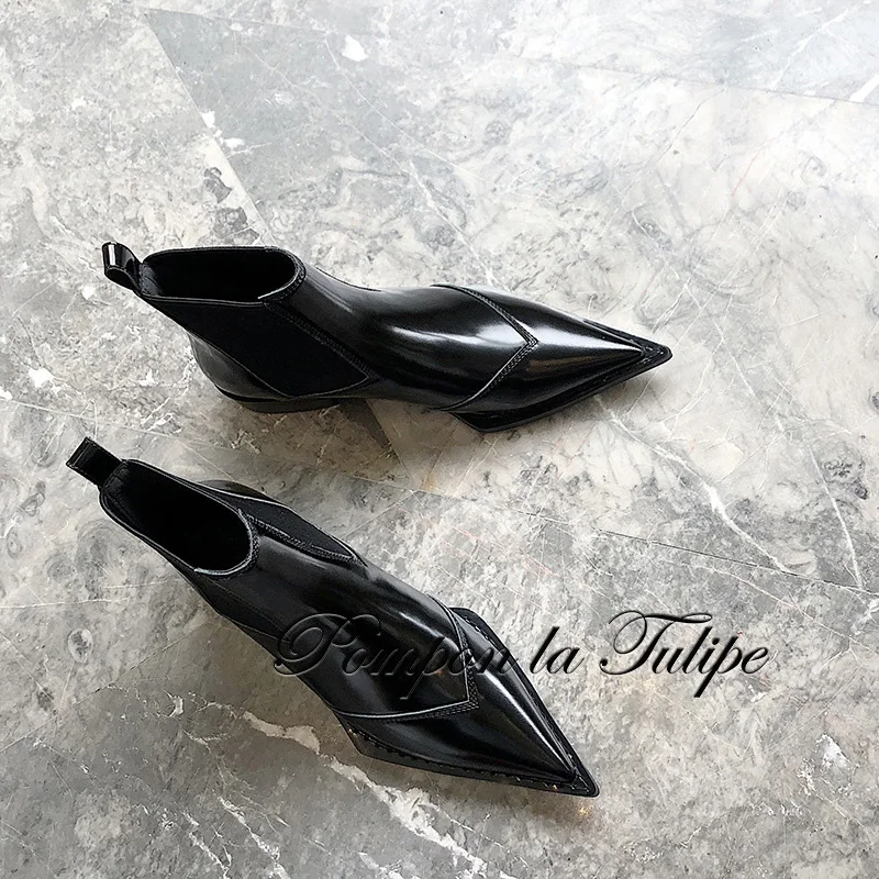 

BHS 9011131 Stylish Pointed Toe 2CM Chunky Heel Genuine Cow Leather Chelsea Boots Chic Elastic Band MId-Calf High Quality Women