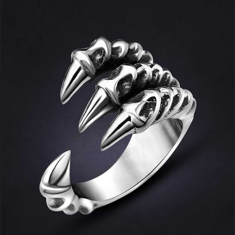 

Retro Fashion Mens Punk Biker Titanium Steel Black Silver Dragon Claw Ring fashion jewelry opened Adjustable sizes
