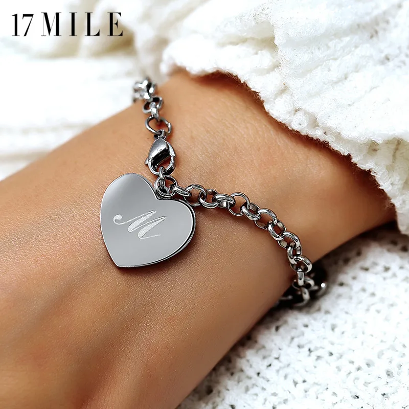 

17MILE Fashion Silver Color Letter Heart Charm Bracelets For Women Statement Stainless Steel Chain Couple Name Bracelet Jewelry