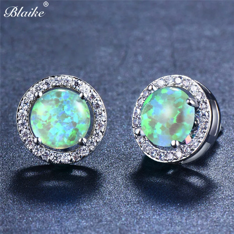 

Blaike 8MM Round White/Blue/Green Fire Opal Four Claw Stud Earrings For Women Men 925 Sterling Silver Filled Birthstone Earrings