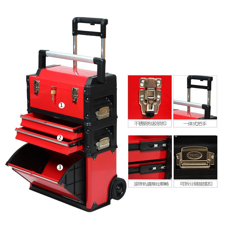 Multifunction Pull Rod Detachable Toolbox Portable Storage Box Rolling