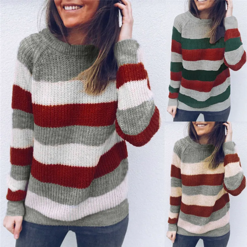 High quality sweaters fashion 2018 women Round Neck Striped Knitted Sweater party Jumper Pullover shirt Tops invierno A29#N (1)
