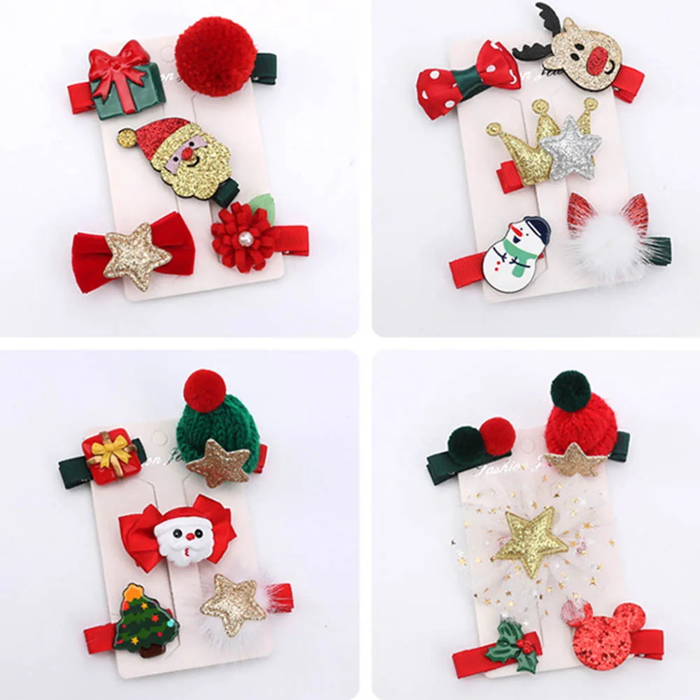 5 PCS /Set New Christmas Hair Clips for Girls Santa Claus Xmas Hairpins