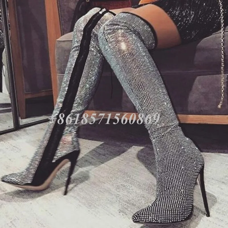 as Por Dedo As Las Rodilla Sexy Del De Muslo Encima Imitación Diamantes Pie Oicture Botas Mujeres Lujo La 2019 Tacón Alto Alta Bling Señoras Oicture w4Hqgqx0