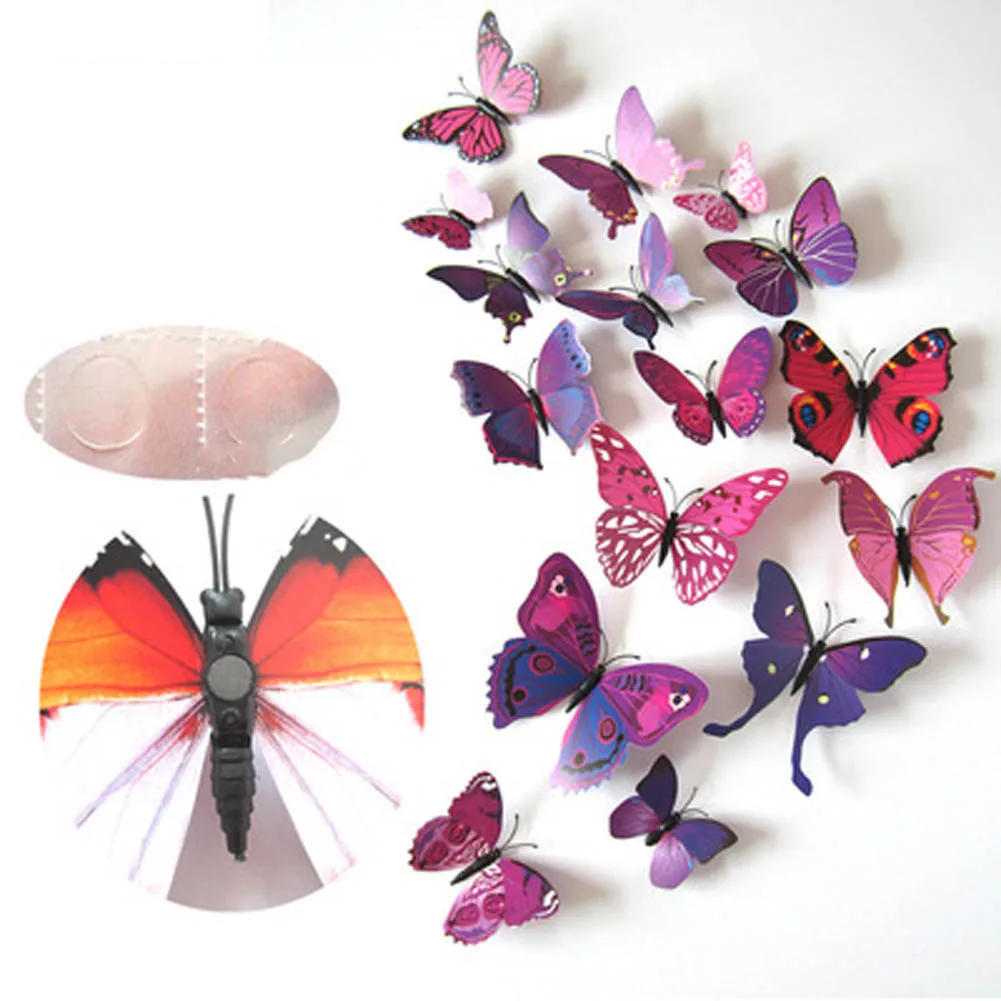 

12pcs Simulated Butterflies Wall Stickers 3D Butterfly Double Wing Wall Decor Art Decals Home Decoration for Retail&Wholesale