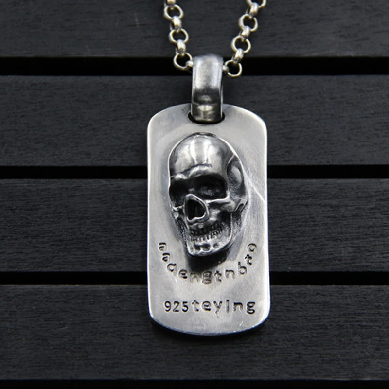 

S925 Sterling Silver Steampunk Pendants Gear Rectangle Antique Silver Carved Halloween Skull Pendant 52*21MM 38.70G PBG089
