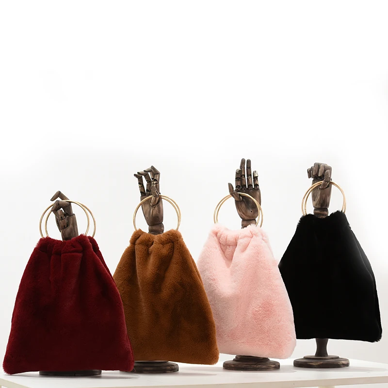 

2018 Winter Furry Faux Fur Bags for Female Metal Circle Women Totes Chic Handbag