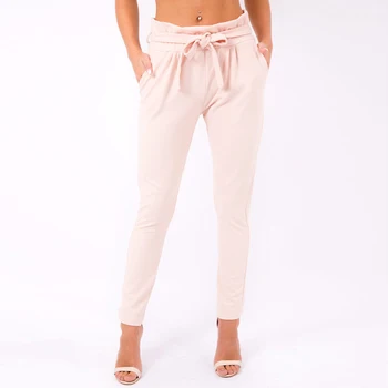 

Women Casual Solid Color Trousers Waist Belt Ruffled Waist Long Pencil Pants