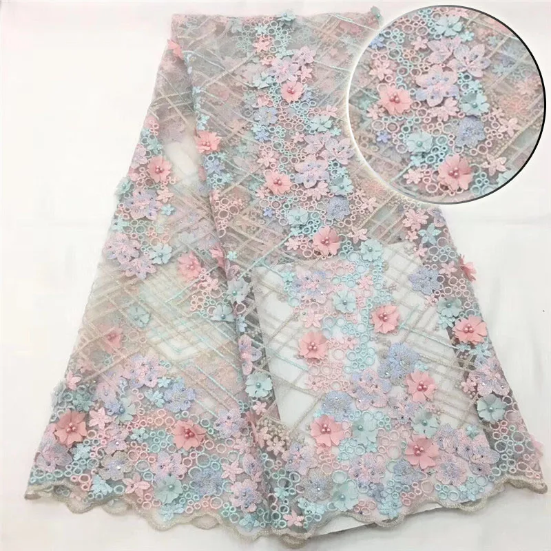 

Pink African French Lace Fabric with 3D flowers High Quality African Tulle Lace Fabric with beads 5yards white lace fabric F1101