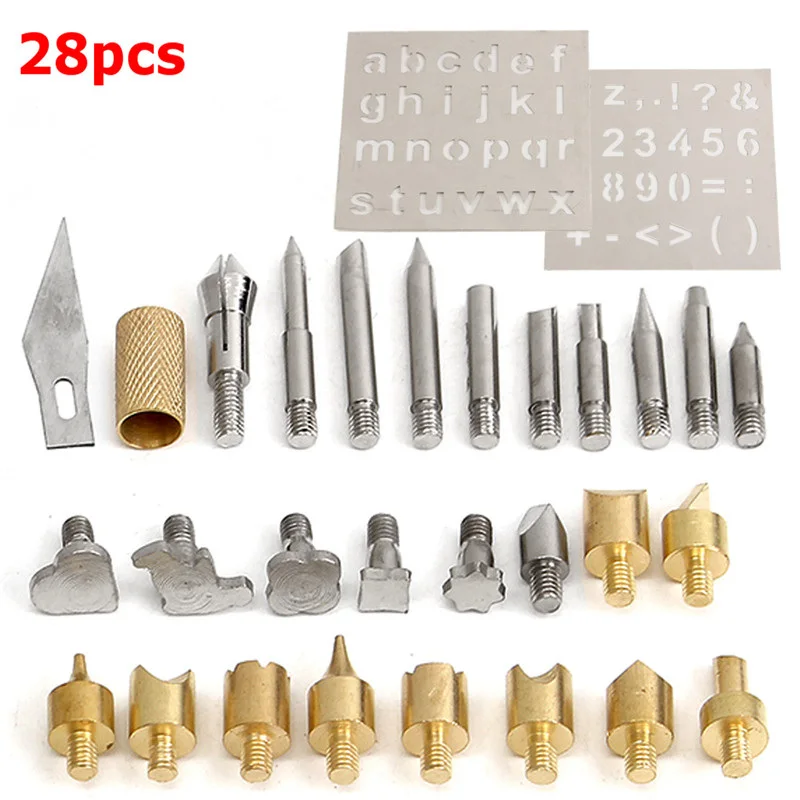 

Hot Sale 28pcs Durable Wood Burning Pen Tips Set Soldering Pyrography Solder Nozzles With 2pcs Stencils Kit Tool