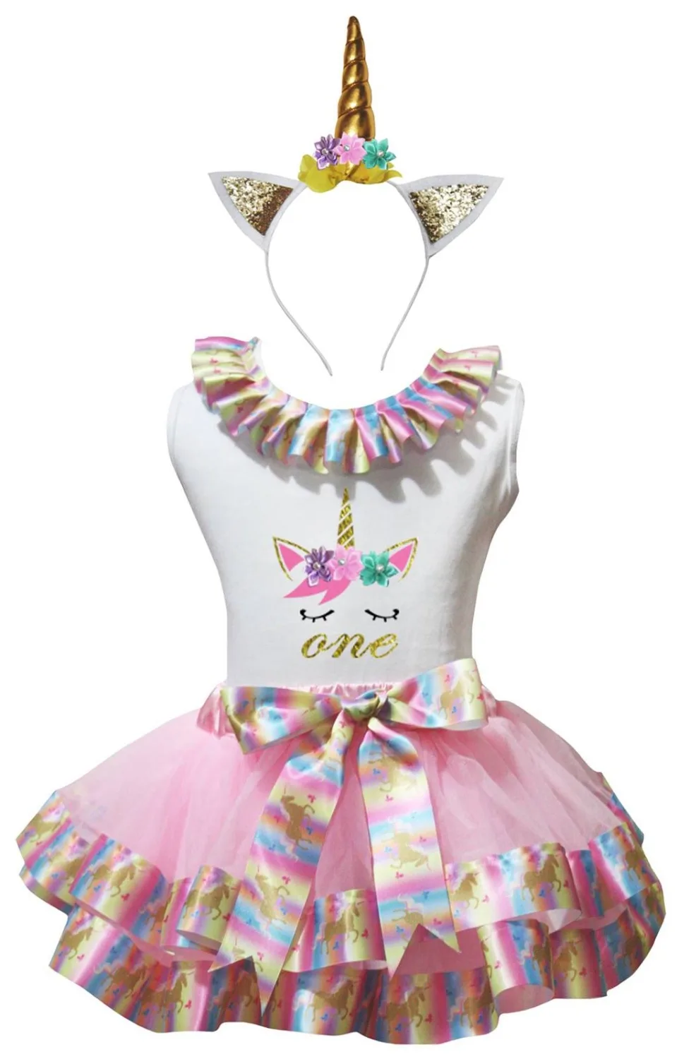 

Unicorn Birthday One Two First Second White Cotton Shirt Lavender Pink Petal Skirt Girl Outfit Set Nb-8y LKPO0079