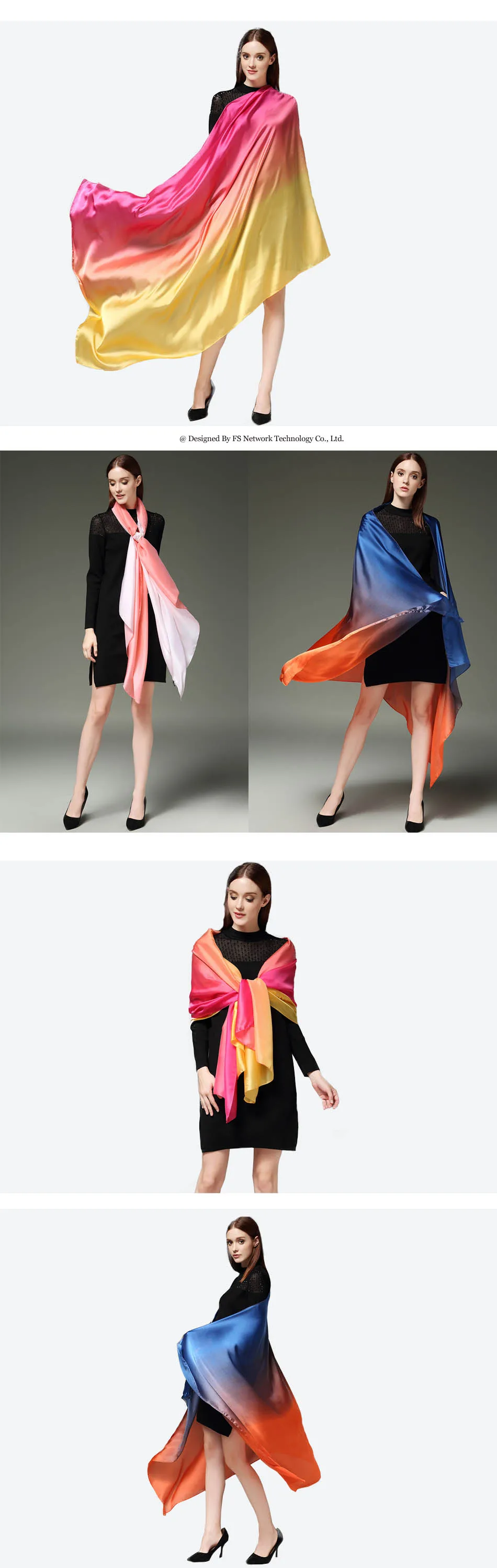FS брендовый дизайнерский большой Шелковый сатиновый шарф женский c градиентной окраской, длинный шали и обертывания мягкие женские шарфы Echarpe пашмины