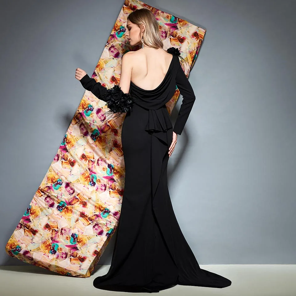 Dressv Черное вечернее платье на одно плечо с длинным рукавом, длина до пола, цветок, Русалка, свадебное вечернее платье, вечернее платье