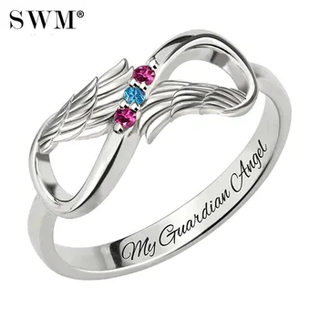 

Custom Letter Rings With Birth Stone Costume Name Infinity Angel Wings Ring Silver 925 Engraved Jewellery Gift for Women Mom