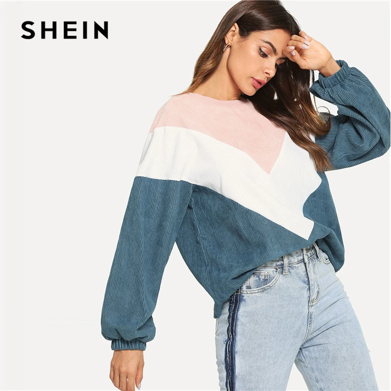 SHEIN Multicolor Cut and Sew Chevron Sweatshirt Preppy Round Neck Bishop Sleeve Pullovers Women Aut
