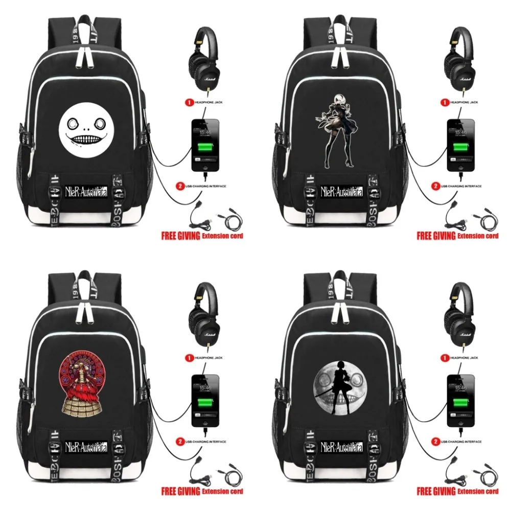 

Game NieR: Automata YoRHa Type 2B backpack USB Charging Headphone jack Students bookbag Men travel shoulder bag Backpack 4 style