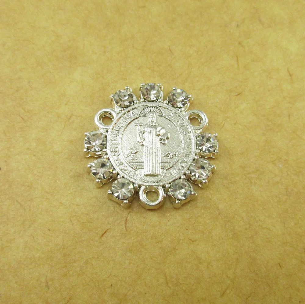 

50pcs of Silver Plated Saint Benedict Medal Rosary Centerpiece with Rhinestone