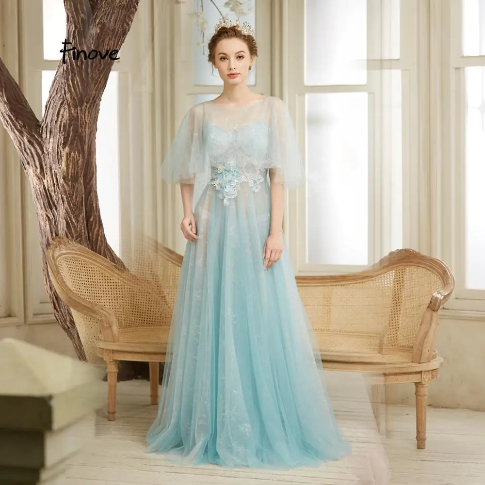 

Finove Light Blue Evening Dresses 2019 New Style Sexy Illusion O Neck With Appliques Half Sleeve A Line Formal Long Dress