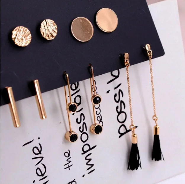 

8Seasons New Fashion Drop Earrings For Women Round Vertical Strip Tassel Black Rhinestone Punk Style Female Dangle Earrings Set