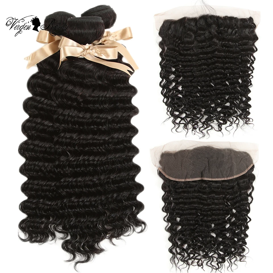 Queen Virgin Remy Malaysian Deep Wave Bundles With Frontal 100% Human Hair 3/4 Bundles With Closure Lace Frontal With Bundles