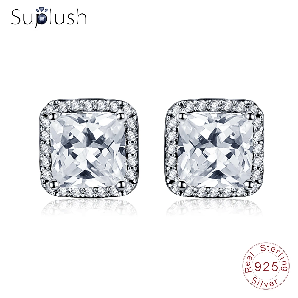

Suplush 925 Sterling Silver Asscher Cut CZ Zirconia Small Stud Earrings For Women Party Amazing Popular Earring Gift PSER0051-B