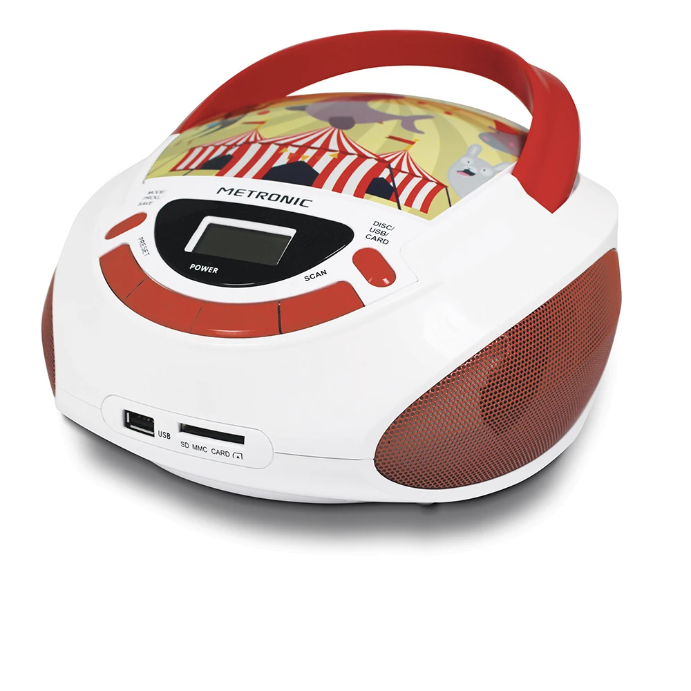 Meronic 477145-Radio y reproductor de CD portatil con toma USB/SD, радио FM, 3 Вт, con salida jack 3,5 мм Circle blanco/rojo