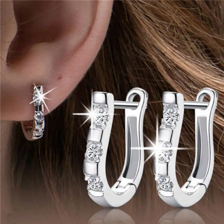 2022 Pendientes Luxury Silver Color Crystal Earrings Flash CZ Zircon Harp Studs Horse Shoe Women Brincos | Украшения и аксессуары