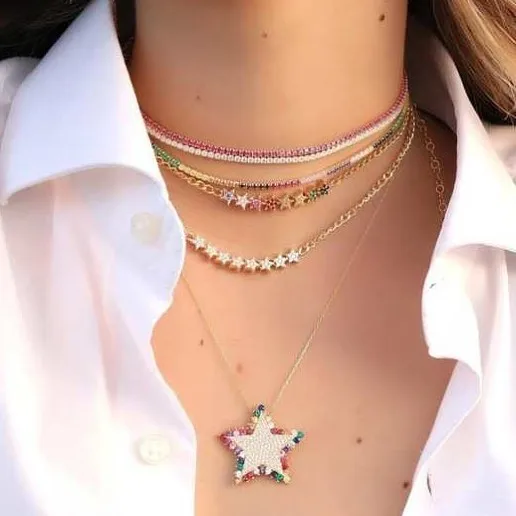 

2019 new style Gold color sparking rainbow cz star pendant necklace for women lady colorful cz trendy fashion wedding jewelry