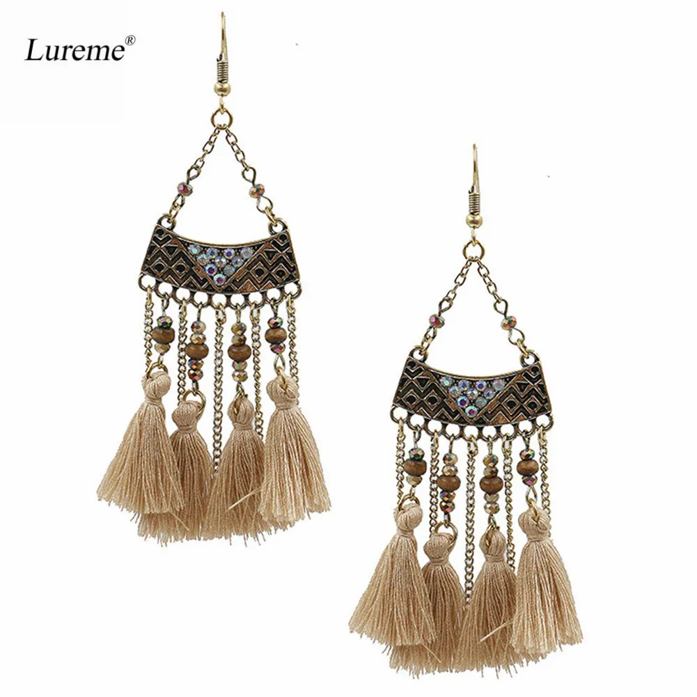 

Lureme Women's Vintage Rectangle Design Bronze with Simple Chain Tassel Long Earrings-Beige (er005776-1)